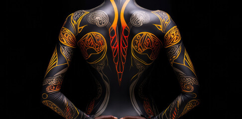 Young african american woman seeing from behind showing a professional body paint work. Black solid background, isolated. Studio light. Generative AI.