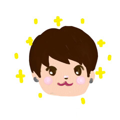 cute little smiling face of shot brown hair boy drawing in cartoon character style with oil brush texture