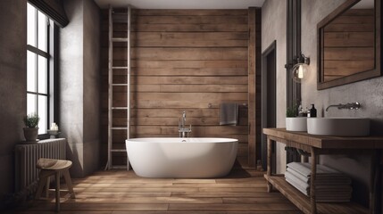 Naklejka na ściany i meble Interior of modern bathroom with wooden walls, wooden floor, comfortable white bathtub standing on wooden countertop. Rustic, minimalistic style. Created with generative AI.