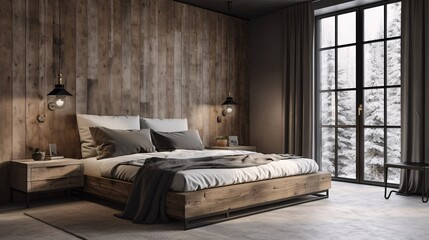 Interior of modern bedroom with wooden walls, concrete floor and comfortable king size bed. Rustic style. Created with generative AI.