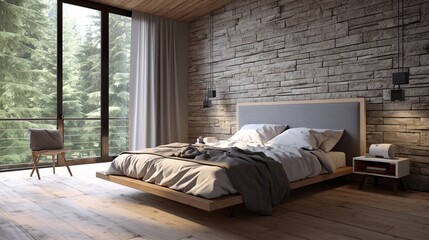 Modern bedroom interior design with wooden wall and wooden floor. Rustic style. Created with generative AI.