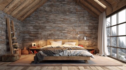 Bedroom in a loft and rustic style with wooden walls, brick walls. very cozy. Created with generative AI.