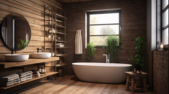 Modern bathroom interior with wooden walls, wooden floor, comfortable white bathtub and shelves with towels. Rustic style. Created with generative AI.