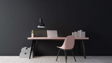 Workplace with computer on the table. Workplace concept. Minimalistic style. Graphite walls. Created with generative AI.