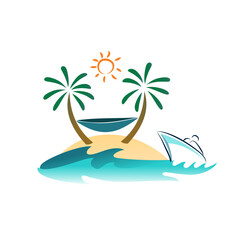 Fototapeta na wymiar Topical island palm tree beach cruise boat hammock and sunset scene logo concept vector illustration