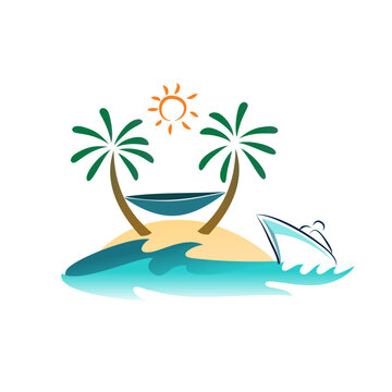 Topical island palm tree beach cruise boat hammock and sunset scene logo concept vector illustration