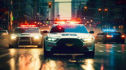 Police car chase through the streets of a city. Postproducted generative AI illustration. - obrazy, fototapety, plakaty