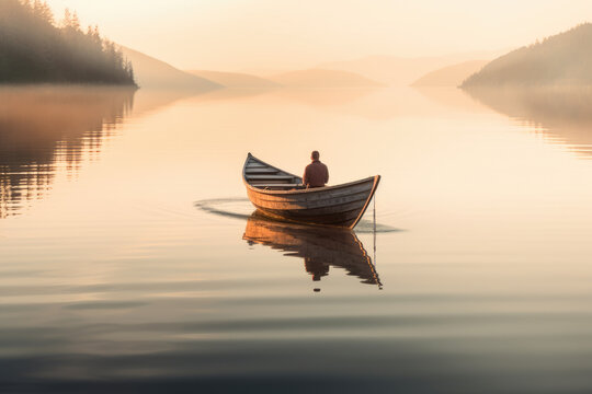 person on boat on lake with calm water at morning. Tranquility and contemplation concepts. generative ai