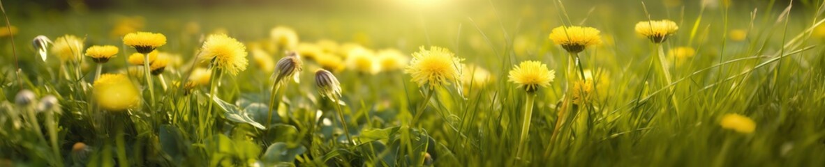 Beautiful summer natural background with yellow dandelion flowers in grass against of dawn morning. Ultra-wide panoramic landscape, banner format