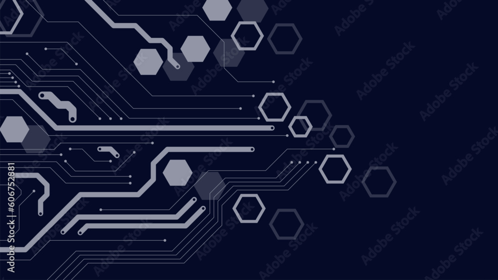 Poster circuit board technology with hexagonal shapes. digital big data visualization and global communicat
