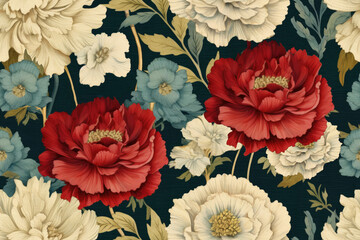Semless spring flower pattern. Vintage botanical illustration. Wedding blush floral retro vintage background. Generative AI