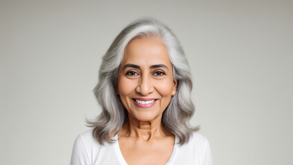 Indian female with silver, wavy hair looking at camera. Empty background with mockup. Generative AI.