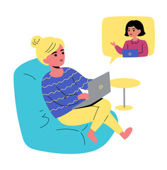 Woman working remotely with laptop on sofa with company team member