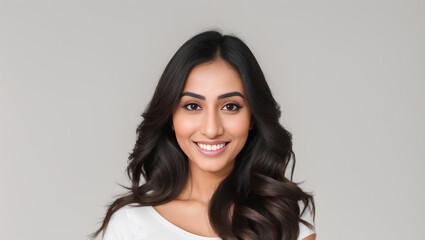 Naklejka premium Portrait of Hindus woman with long, wavy hair looking at camera. Empty background with mockup. Generative AI.