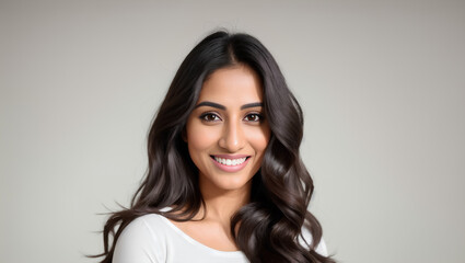 Fototapeta premium Portrait of beautiful Hindus woman with black, wavy hair. Natural background with mockup. Generative AI.