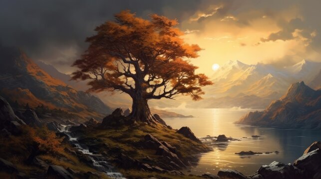 the painting shows a tree on the ridge Generative Ai