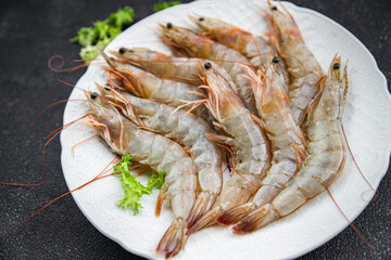 fresh shrimp raw prawn gambas seafood meal food snack on the table copy space food background rustic top view