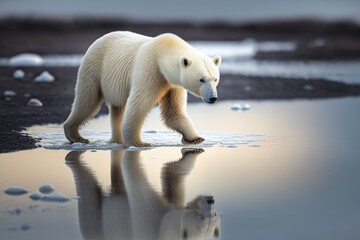 Obraz na płótnie Canvas A polar bear in search of food, an animal under threat of extinction due to global warming, generative AI.
