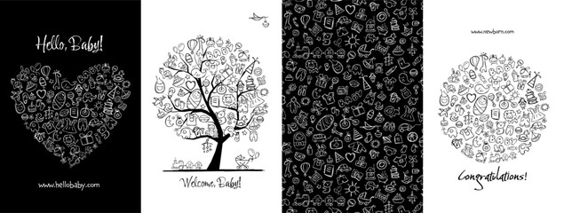 Newborn baby concept art collection. Birthday cards. Frame, heart shape, tree, background. Set for your design project. Vector illustration