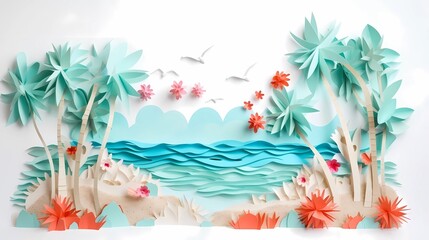 Fototapeta na wymiar Paper craft illustration of Beautiful tropical island in the ocean with palm trees, sand beach, nature. Ai generative