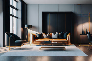 Modern living room with brown sofa, pillows, table, rug, armchair, lamp and windows. Empty poster with copy space in frame on dark wall. Generative AI.