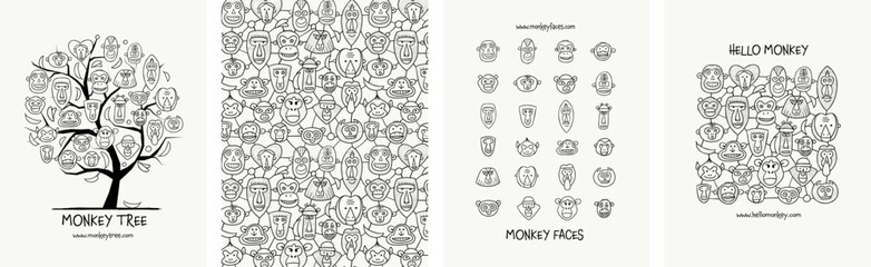 Whimsical Monkeys: Funny Monkey Faces Vector Illustration Set