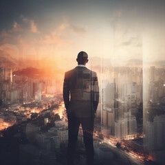 Triumph: A Double Exposure of a Businessman in the Cityscape, Embodies Success and Future Plans, Created by Generative AI - obrazy, fototapety, plakaty