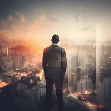 Triumph: A Double Exposure of a Businessman in the Cityscape, Embodies Success and Future Plans, Created by Generative AI