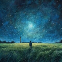 Watercolor blue sky filled with stars above a grassy landscape Generative Ai