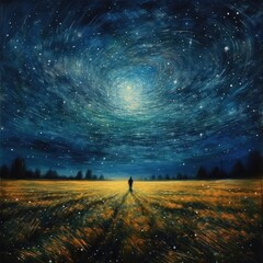 Watercolor blue sky filled with stars above a grassy landscape Generative Ai
