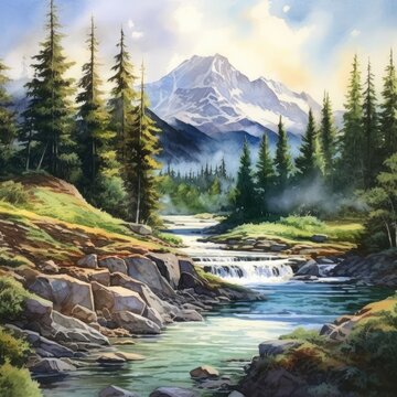 landscape painting of a mountain, water, and forest Generative Ai