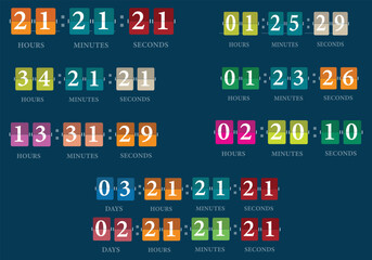 Countdown mechanical clock on digits board panel in flat style with different colors. Vector illustration. - obrazy, fototapety, plakaty