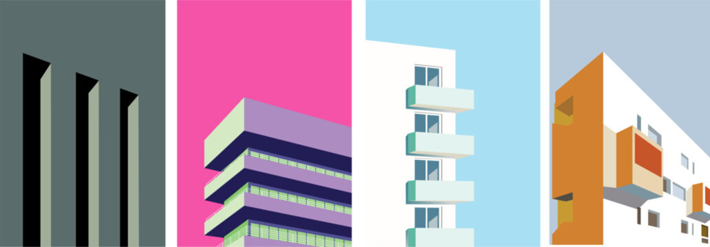 Set of abstract background. Vector building. Contemporary geometry architecture posters in modern style. Posters on magenta background.