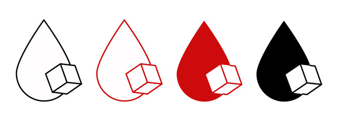 Blood sugar icons set. Blood drops with sugar cubes. Line and silhouette elements. Vector illustration isolated on white background - obrazy, fototapety, plakaty