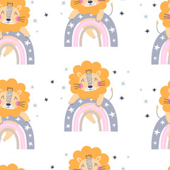 Seamless pattern  with cute lion on rainbow. Vector illustration.