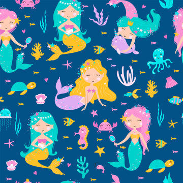 Seamless pattern with mermaid, leaves, seashells, seahorse and fish. Cute vector illustration