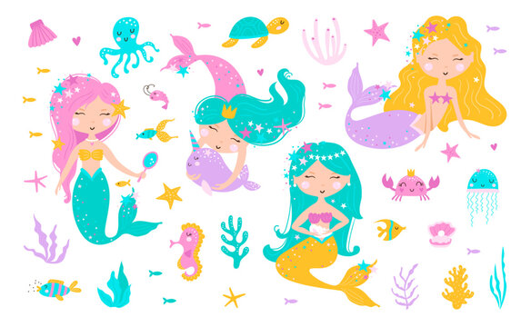 Cute set  with mermaids, leaves, seashells, seahorse and fish. Sea life. Vector illustration