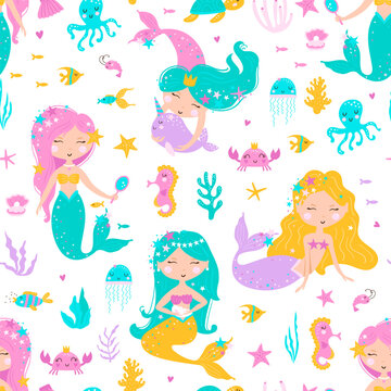 Seamless pattern with mermaid, leaves, seashells, seahorse and fish. Cute vector illustration