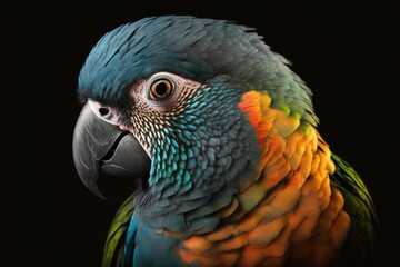 Obraz premium A close up of a colorful parrot on a black background, created with Generative Ai Technology