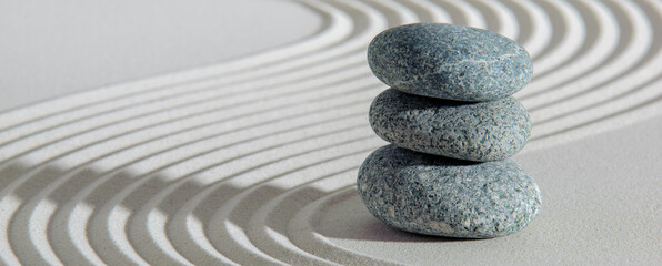 Fototapeta na wymiar Japanese Zen garden with stone in textured sand