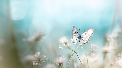 Gentle natural spring background in pastel blue colors. Wild meadow grass and light white butterfly on nature macro. Beautiful summer inspiring image nature