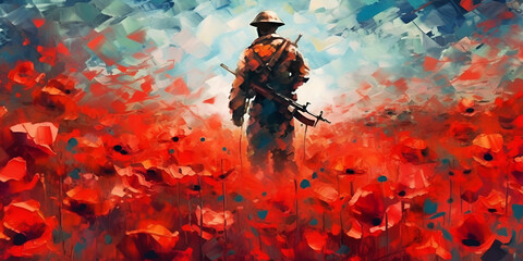 Fototapeta na wymiar Abstract painting concept. Colorful art style of a soldier in a red poppies field. Anzac day - Lest we forget.