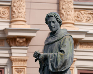 Close-up photo of a statue of Andrija Kacic Miosic, placed on Mesnicka Street, Zagreb, Croatia
