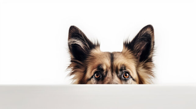 Cute head of peeking dog isolated on white background. Space for text. Generative AI