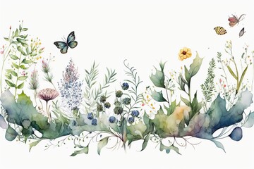 A watercolor painting of flowers and butterflies, created with Generative Ai Technology