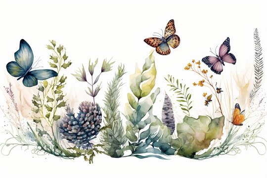 A watercolor painting of flowers and butterflies, created with Generative Ai Technology