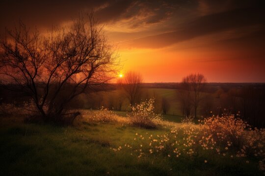 Spring sunset landscape, Generative ai