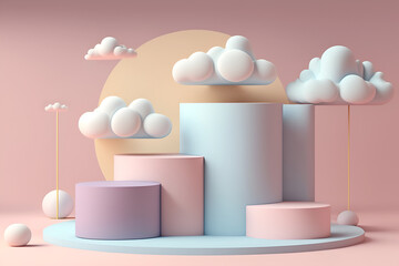 Abstract minimal concept. Pastel magical colourful Podium background with clouds and abstract landscape. Mock up template for product presentation. 3D rendering. copy text space