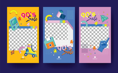 Social Media Story Collection with 90's Stuffs Colorful Illustration and Memphis Geometric Style