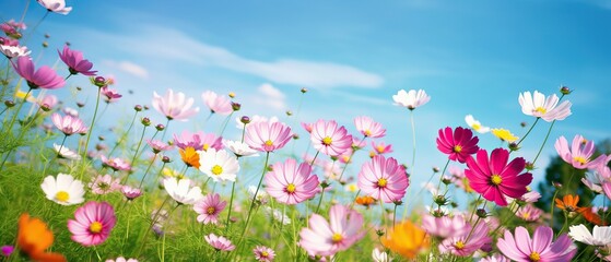 Multicolored cosmos flowers in meadow in spring summer nature against blue sky. Selective soft focus - obrazy, fototapety, plakaty